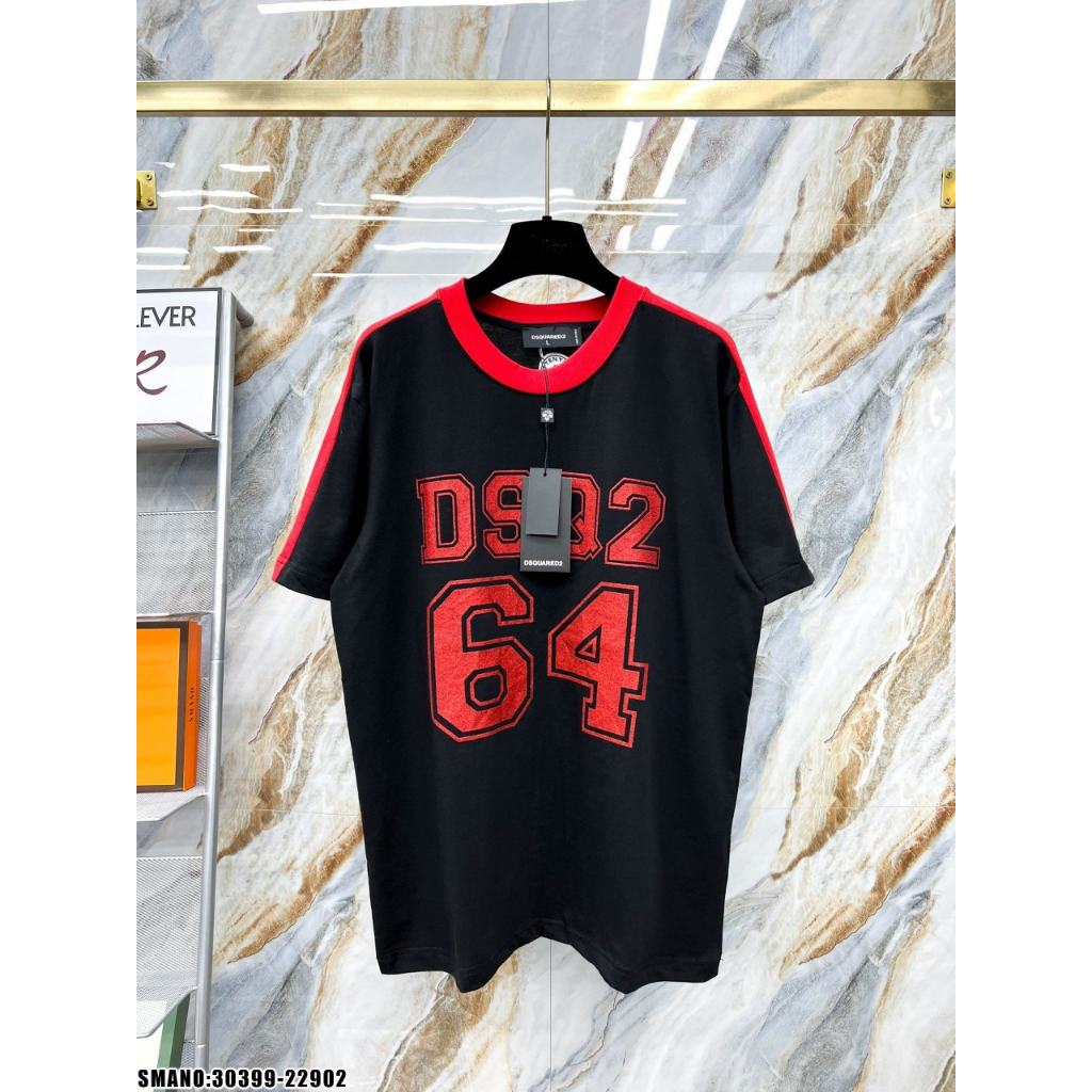 Áo Thun Nam Cotton D.S.Q Full Front Viền Đỏ Cao Cấp, Áo In Chữ D.S.Q Kim Tuyến Mới Nhất