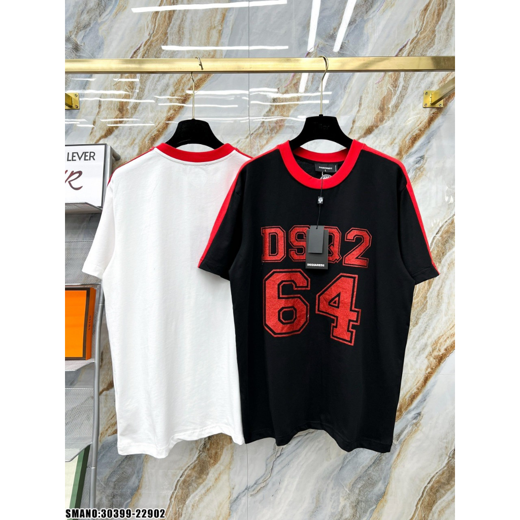 Áo Thun Nam Cotton D.S.Q Full Front Viền Đỏ Cao Cấp, Áo In Chữ D.S.Q Kim Tuyến Mới Nhất