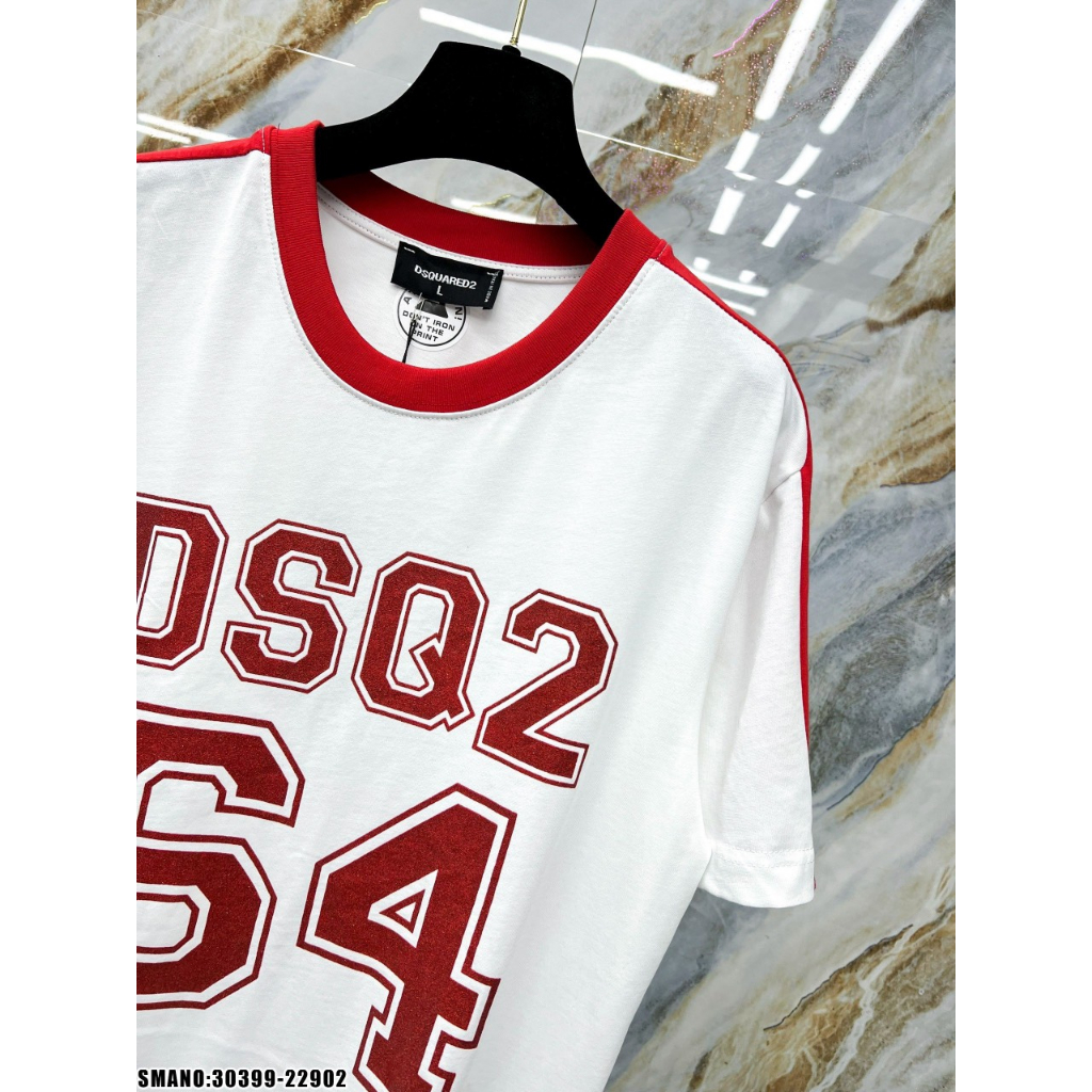 Áo Thun Nam Cotton D.S.Q Full Front Viền Đỏ Cao Cấp, Áo In Chữ D.S.Q Kim Tuyến Mới Nhất