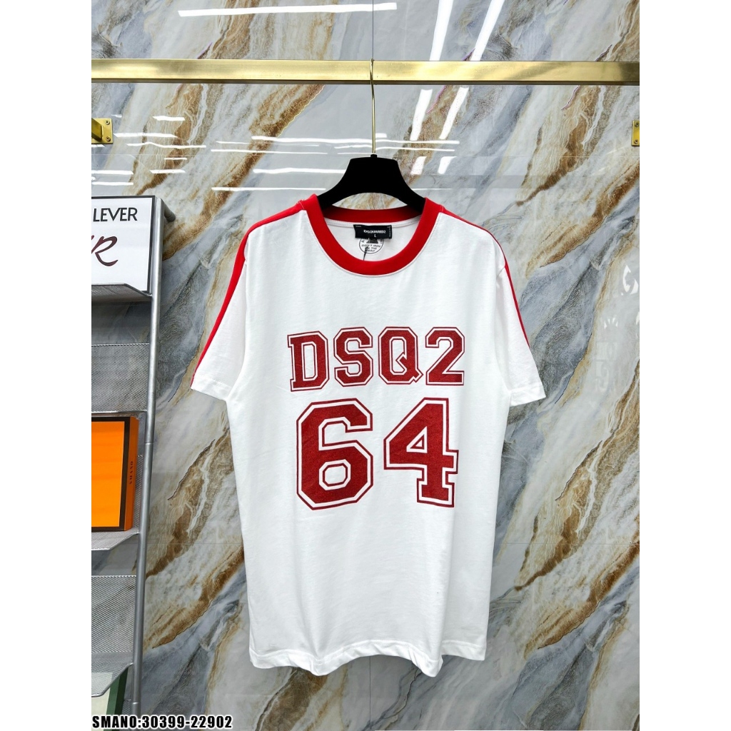 Áo Thun Nam Cotton D.S.Q Full Front Viền Đỏ Cao Cấp, Áo In Chữ D.S.Q Kim Tuyến Mới Nhất