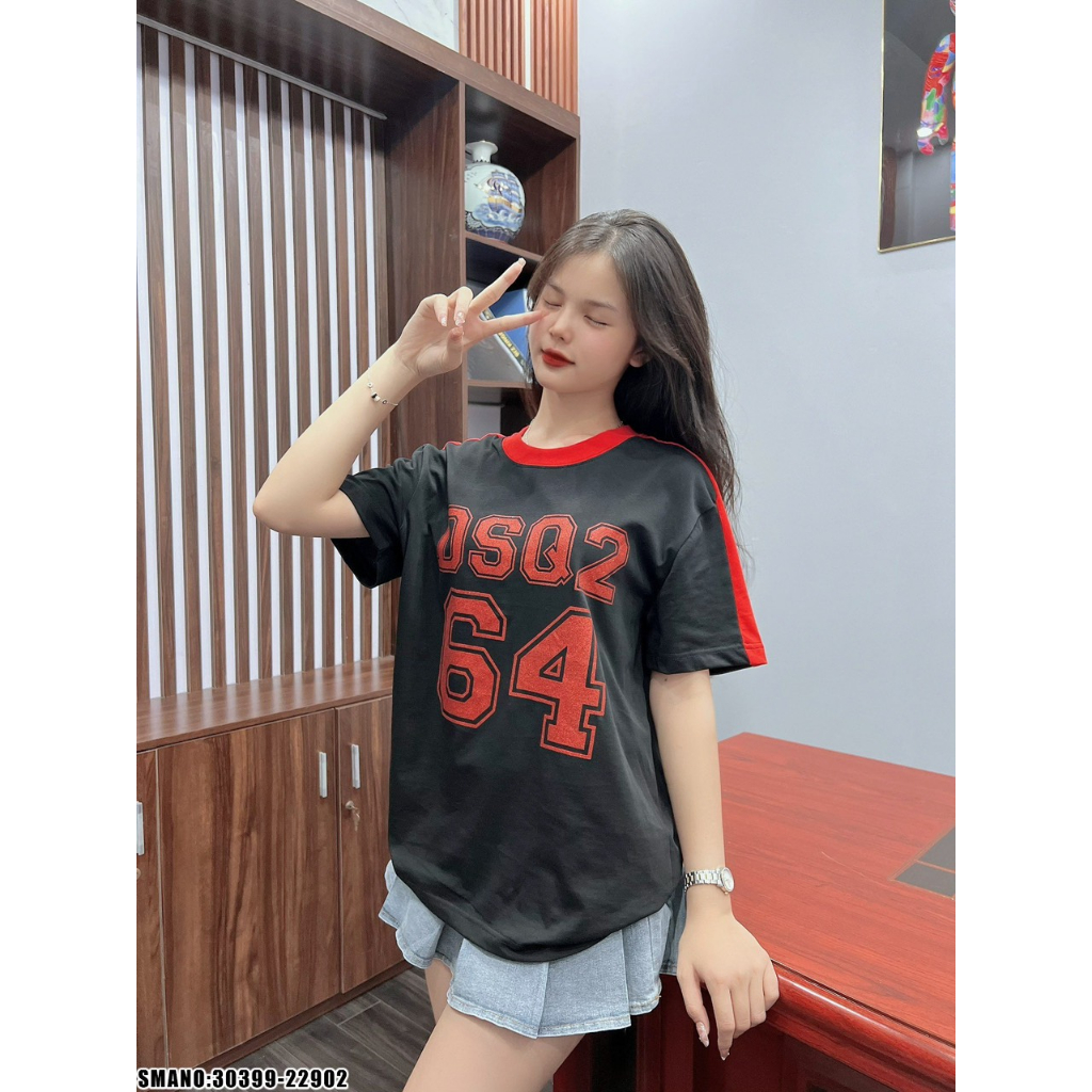 Áo Thun Nam Cotton D.S.Q Full Front Viền Đỏ Cao Cấp, Áo In Chữ D.S.Q Kim Tuyến Mới Nhất