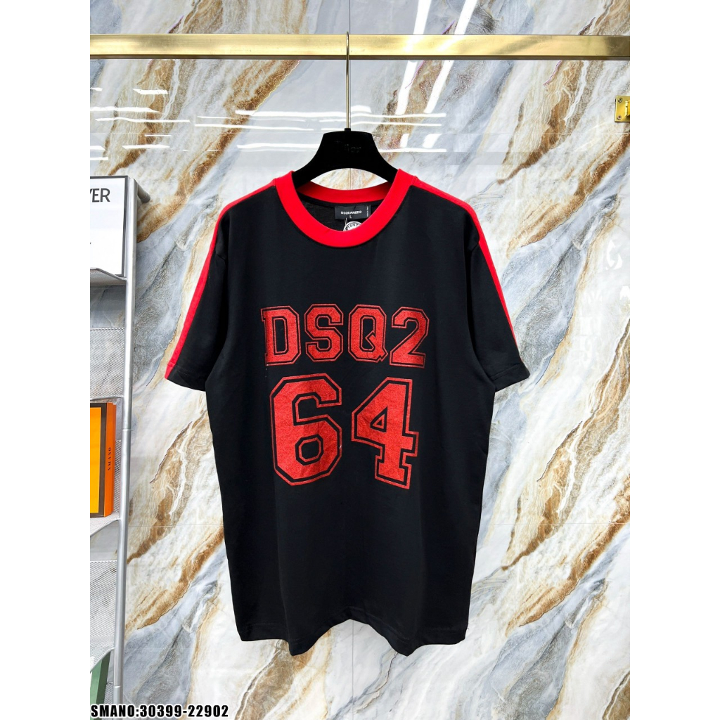 Áo Thun Nam Cotton D.S.Q Full Front Viền Đỏ Cao Cấp, Áo In Chữ D.S.Q Kim Tuyến Mới Nhất