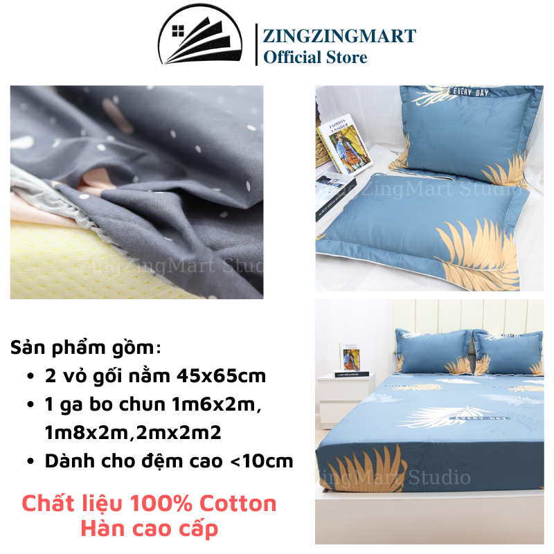 Combo bộ ga giường ZingZingMart chất liệu cotton hàn quốc mát lạnh