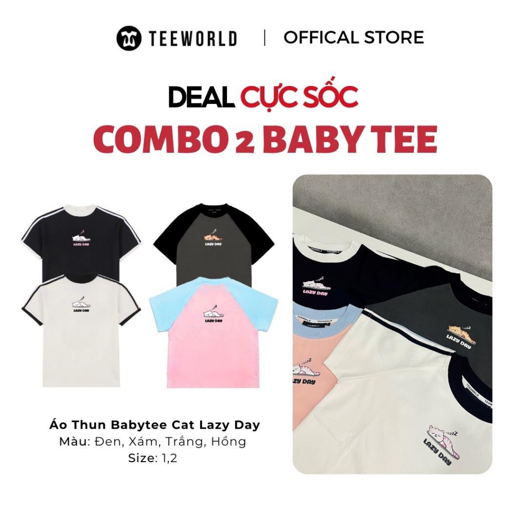 [COMBO CỰC SỐC] 2 Áo Thun Baby Tee Teeworld Cat Lazy Day Form Fit Co Dãn