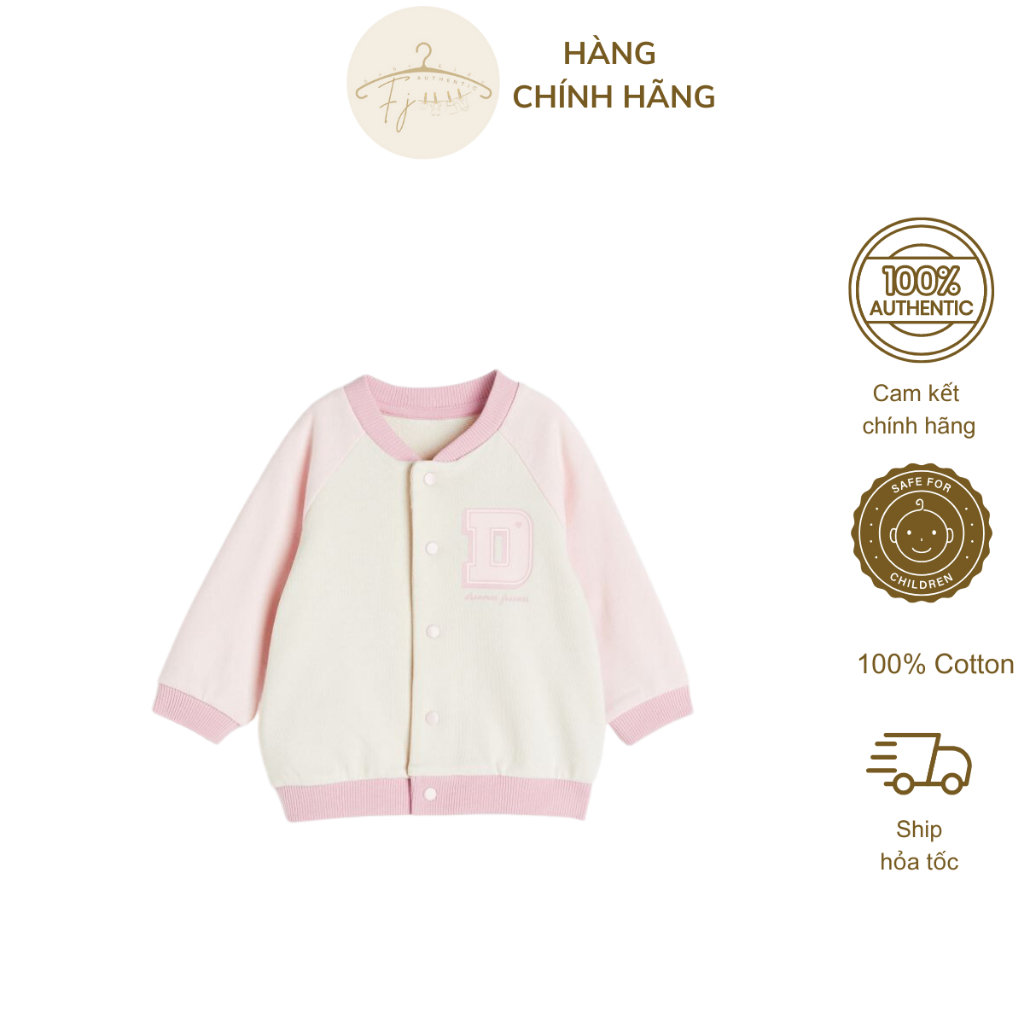 Áo khoác thu đông bé gái chính hãng HM, áo bomber bóng chày hồng chất nỉ da cá cho bé 9 tháng đến 4 tuổi Auth