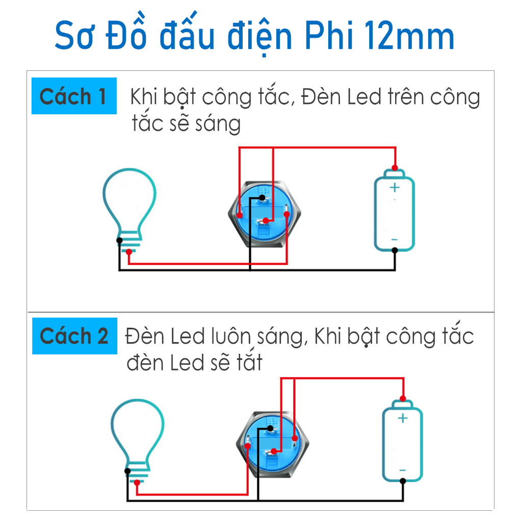 Nút nhấn công tắc 12mm INOX, Nguồn nhấn nhả 3-6V, 12-24V, 110-220V