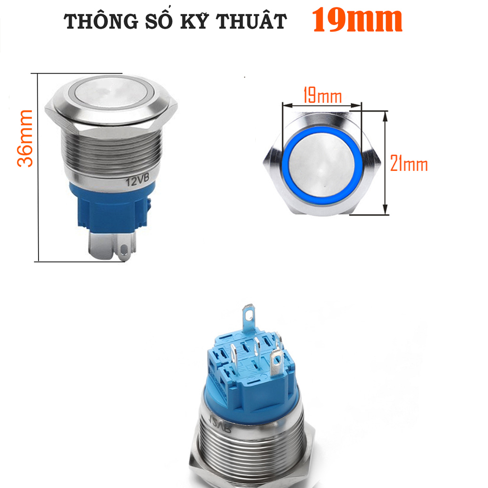 Công tắc đèn Ô tô, Xe máy, Nút nguồn nhấn giữ trạng thái Inox có đèn LED 12mm - 16mm - 19mm