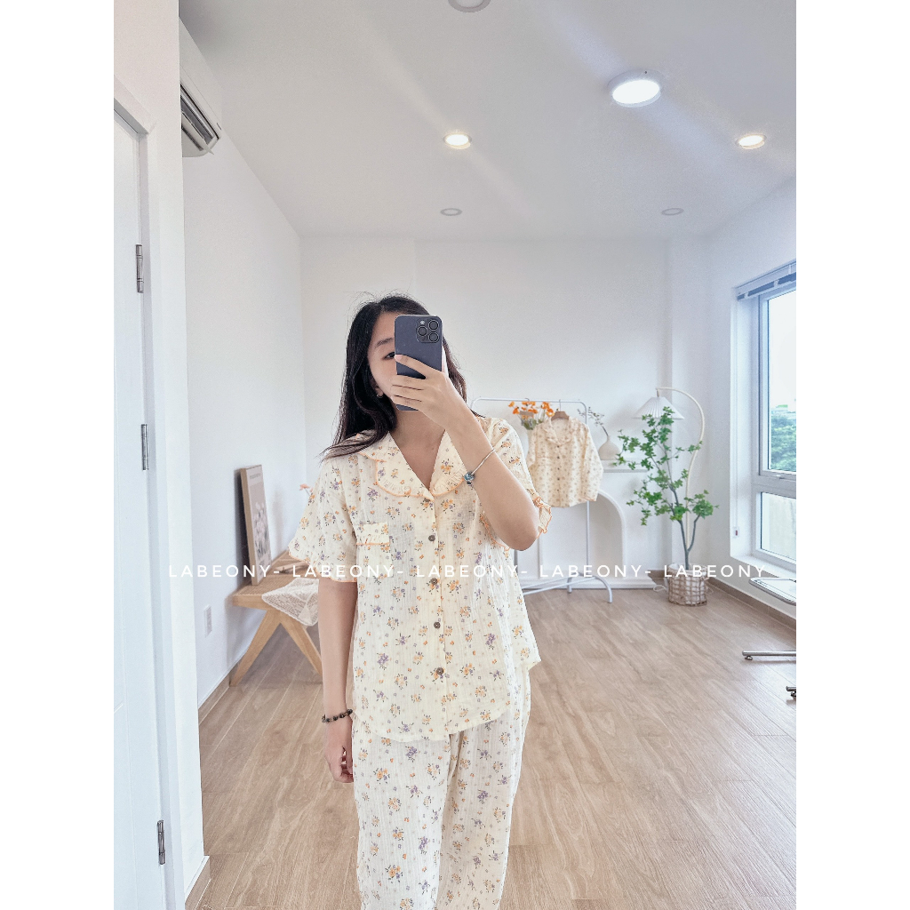 Đồ bộ nữ mặc nhà Pyjama hoa hồng nhí ngắn dài muslin Hàn Labeony