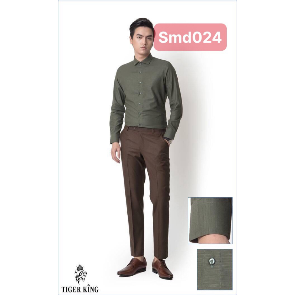 Áo sơ mi nam dài tay Tiger King SMD024 dáng slimfit, màu rêu, vải cotton nhập khẩu, cắt may thủ công cao cấp