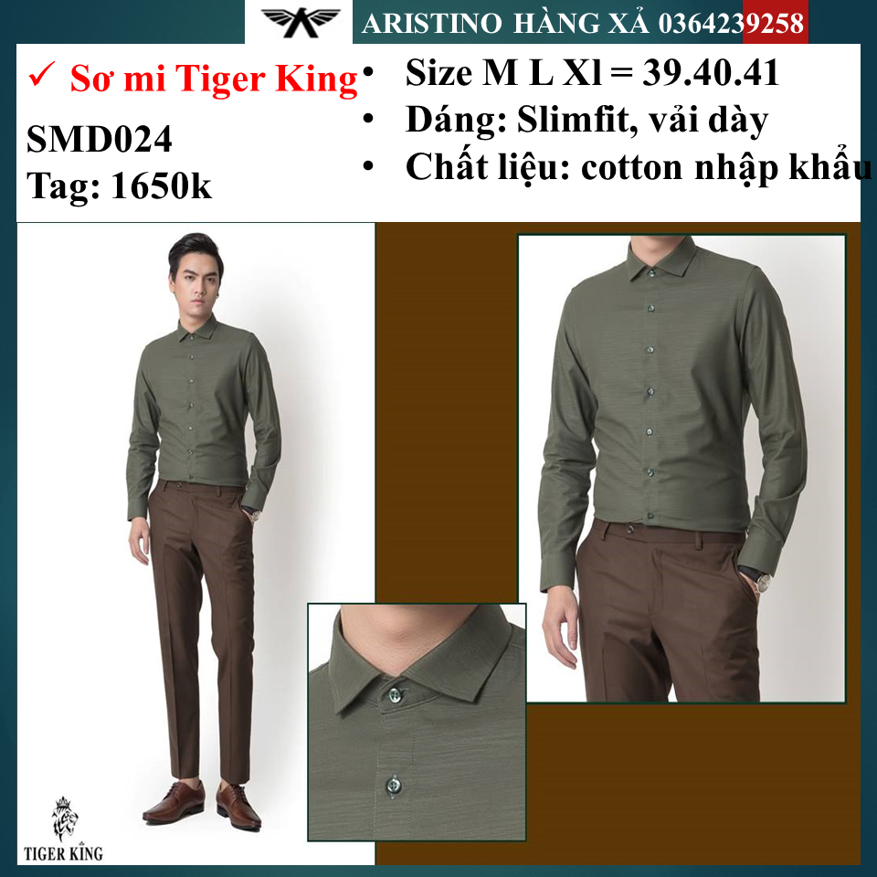 Áo sơ mi nam dài tay Tiger King SMD024 dáng slimfit, màu rêu, vải cotton nhập khẩu, cắt may thủ công cao cấp