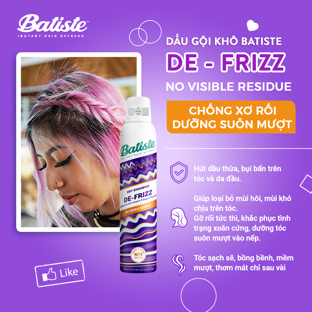 Dầu Gội Khô Batiste Chống Xơ Rối, Dưỡng ẩm Cho Tóc Batiste Dry Shampoo & DE—FRIZZ 200ml