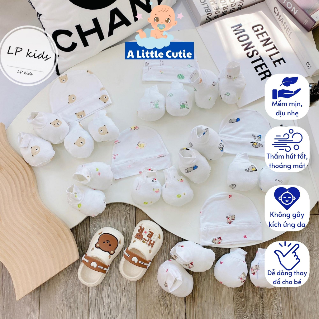 Bao tay bao chân mũ sơ sinh Combo ba chi tiết Vải cotton co giãn 2 chiều TCM012 - A LITTLE CUTIE
