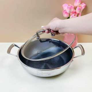 Chảo 2 quai chống dính tổ ong Inox 304 nắp kính cao cấp Fivestar Blackcube
