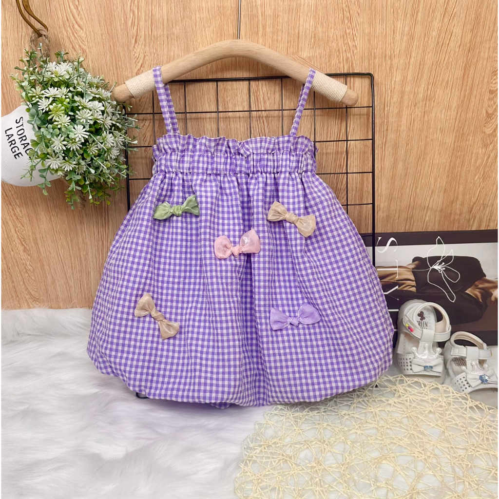 Váy bé gái 2 dây phong cách Hàn Quốc vải thô xốp thêu nơ dễ thương, Váy trẻ em cho bé gái từ 0-5 tuổi Marin Kids