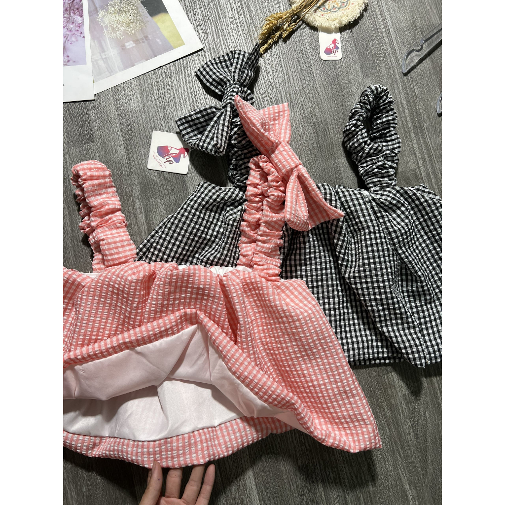 Áo hai dây bản phối nơ, áo nữ 2  lớp croptop G161