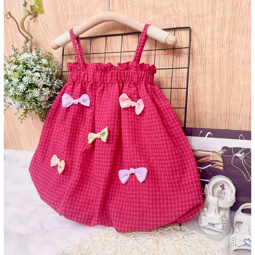 Váy bé gái 2 dây phong cách Hàn Quốc vải thô xốp thêu nơ dễ thương, Váy trẻ em cho bé gái từ 0-5 tuổi Marin Kids