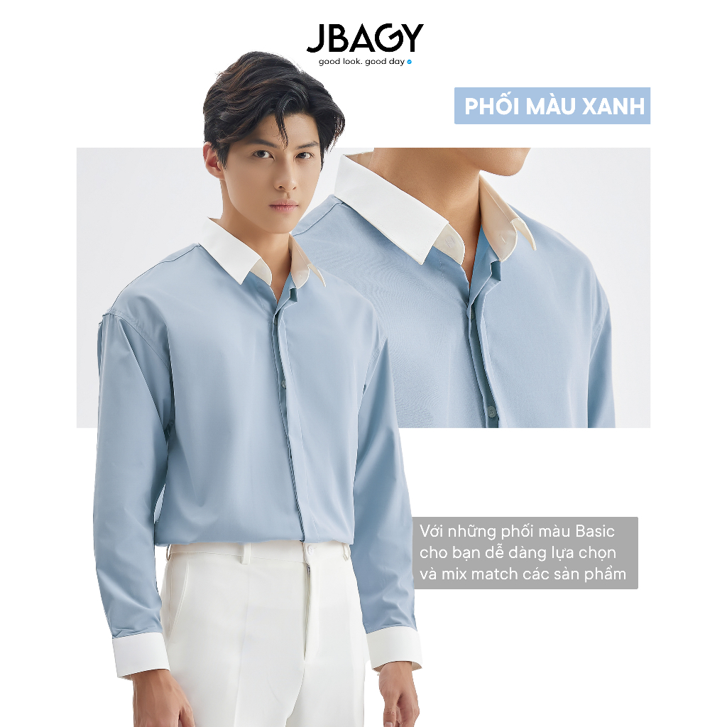 Áo sơ mi nam dài tay dáng rộng oxford vải cotton khô thoáng mát cách điệu phối màu Eric thương hiệu JBAGY - JS0105