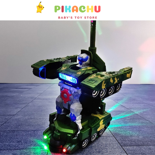 Đồ Chơi Trẻ Em Xe Tăng Biến Hình Robot Tự Động Có Đèn Và Nhạc, Biến Hình Nhanh Chóng , Trơn Chu