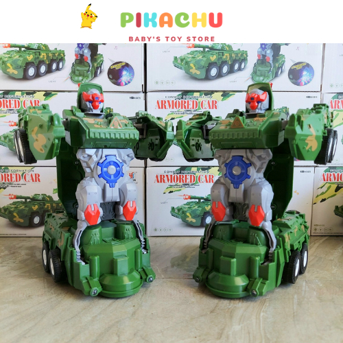 Đồ Chơi Trẻ Em Xe Tăng Biến Hình Robot Tự Động Có Đèn Và Nhạc, Biến Hình Nhanh Chóng , Trơn Chu