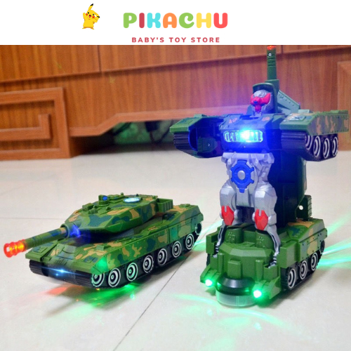 Đồ Chơi Trẻ Em Xe Tăng Biến Hình Robot Tự Động Có Đèn Và Nhạc, Biến Hình Nhanh Chóng , Trơn Chu