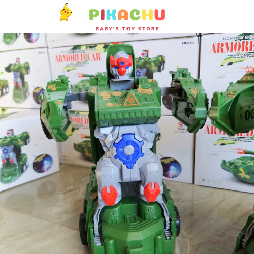 Đồ Chơi Trẻ Em Xe Tăng Biến Hình Robot Tự Động Có Đèn Và Nhạc, Biến Hình Nhanh Chóng , Trơn Chu