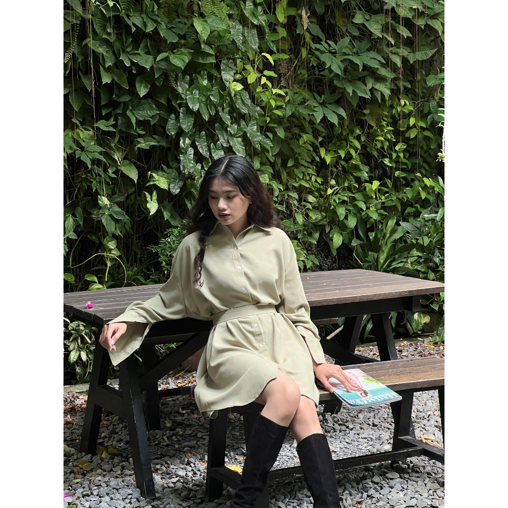 Đầm nữ tay dài cổ sơ mi kèm belt, là min - AVOCADO GREEN SHIRT DRESS