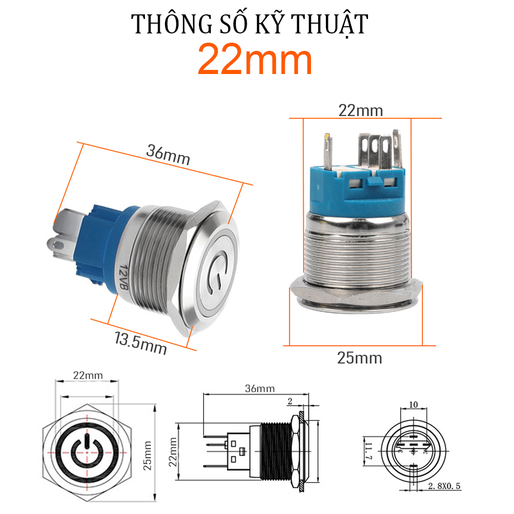 Công tắc đèn Ô tô, Xe máy, Nút nguồn nhấn giữ trạng thái Inox có đèn LED 12mm - 16mm - 19mm