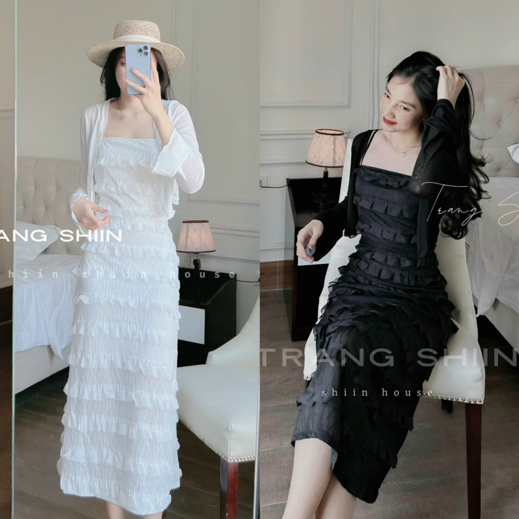 Đầm xốp bèo cao cấp hai dây dáng maxi xếp tầng mix khoác thun dài tay sang chảnh, cá tính