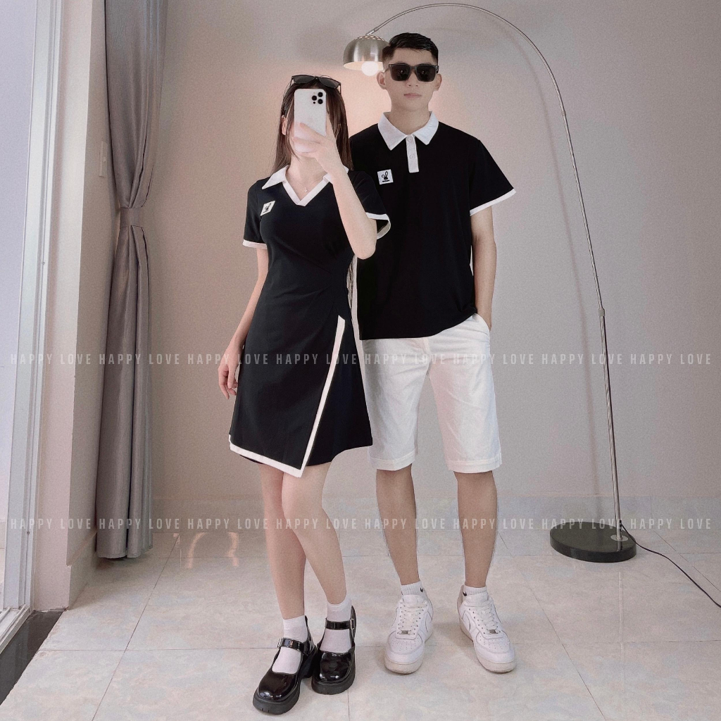 Đồ đôi nam nữ couple set áo váy polo màu đen vạt chéo viền trắng cao cấp HAPPYLOVE H106