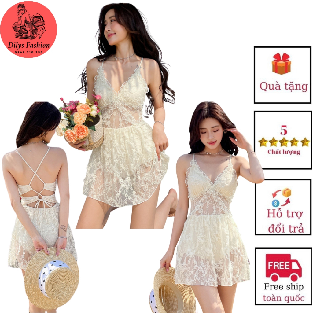 Đồ bơi nữ đi biển kín đáo DILYSFASHION BK0959, Bikini liền thân 2 dây phối ren lưng đan dây trẻ trung chân váy xòe