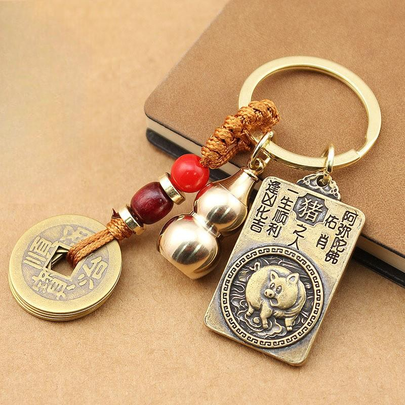 Móc khoá xe máy ô tô 12 con giáp đồng thau,Móc treo chìa khoá bản mệnh bình an may mắn tặng kèm chu sa