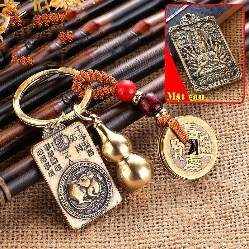 Móc khoá xe máy ô tô 12 con giáp đồng thau,Móc treo chìa khoá bản mệnh bình an may mắn tặng kèm chu sa