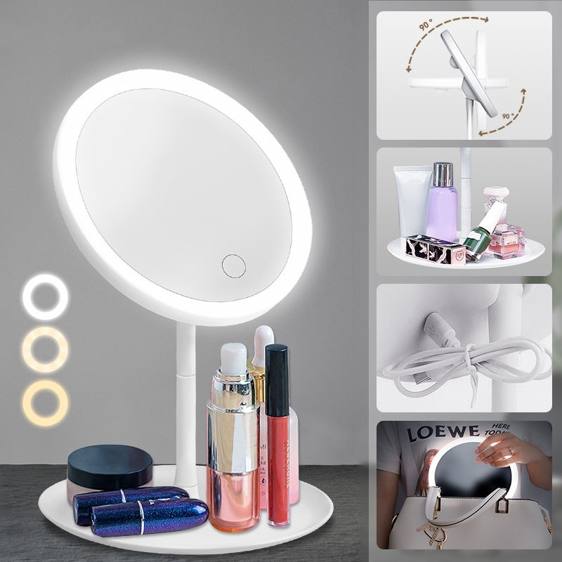 Gương Để Bàn Trang Điểm, Gương Trang Điểm Đèn Led, Gương Tròn Cảm Ứng 3 Chế Độ Ánh Sáng Pin Sạc Tích Điện 1200Mah NahiDo