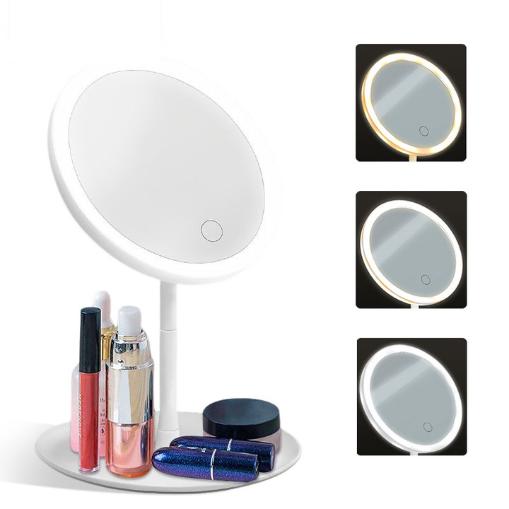 Gương Để Bàn Trang Điểm, Gương Trang Điểm Đèn Led, Gương Tròn Cảm Ứng 3 Chế Độ Ánh Sáng Pin Sạc Tích Điện 1200Mah NahiDo