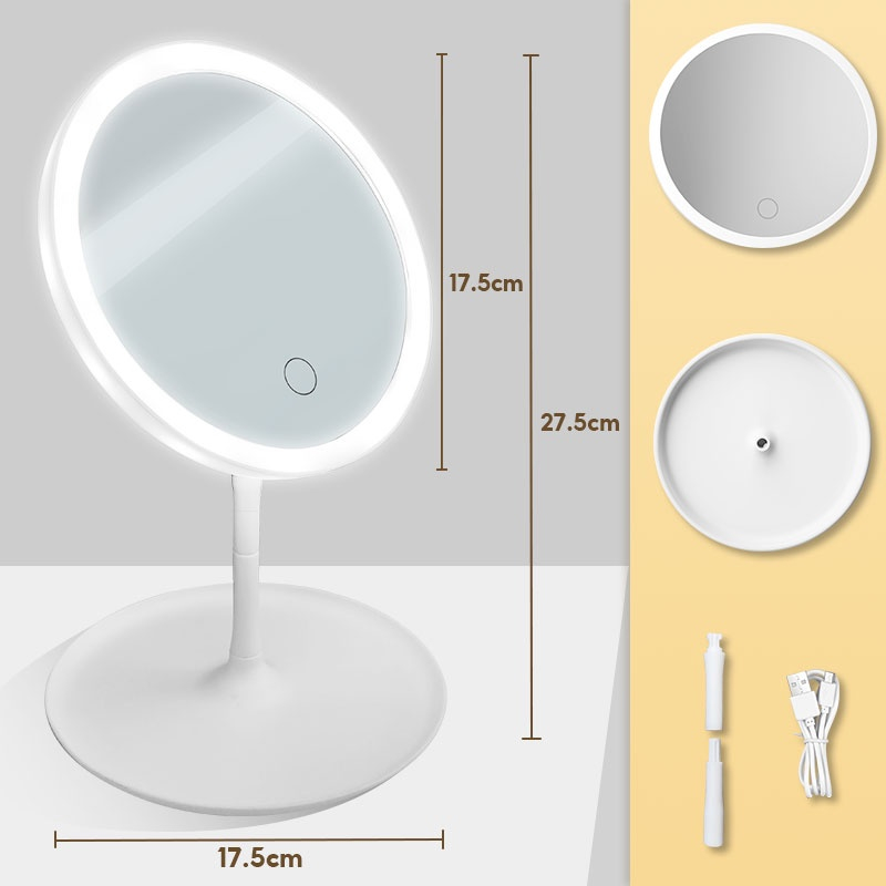 Gương Để Bàn Trang Điểm, Gương Trang Điểm Đèn Led, Gương Tròn Cảm Ứng 3 Chế Độ Ánh Sáng Pin Sạc Tích Điện 1200Mah NahiDo