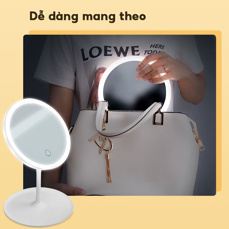 Gương Để Bàn Trang Điểm, Gương Trang Điểm Đèn Led, Gương Tròn Cảm Ứng 3 Chế Độ Ánh Sáng Pin Sạc Tích Điện 1200Mah NahiDo