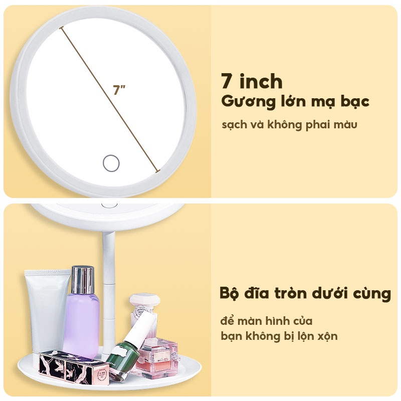 Gương Để Bàn Trang Điểm, Gương Trang Điểm Đèn Led, Gương Tròn Cảm Ứng 3 Chế Độ Ánh Sáng Pin Sạc Tích Điện 1200Mah NahiDo