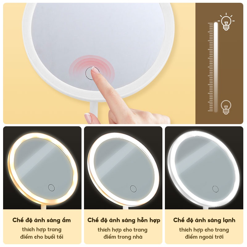 Gương Để Bàn Trang Điểm, Gương Trang Điểm Đèn Led, Gương Tròn Cảm Ứng 3 Chế Độ Ánh Sáng Pin Sạc Tích Điện 1200Mah NahiDo