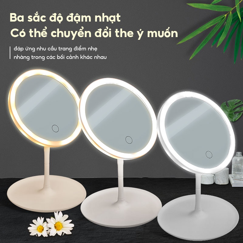 Gương Để Bàn Trang Điểm, Gương Trang Điểm Đèn Led, Gương Tròn Cảm Ứng 3 Chế Độ Ánh Sáng Pin Sạc Tích Điện 1200Mah NahiDo