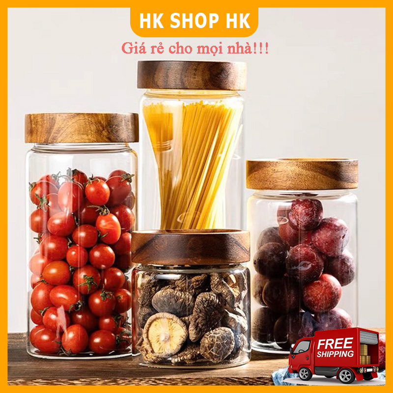 Hũ thuỷ tinh nắp gỗ cao cấp, có gai vặn kín khí, dùng đựng mật ong, gia vị, đồ khô, thiết kế đẹp mắt và sang trọng