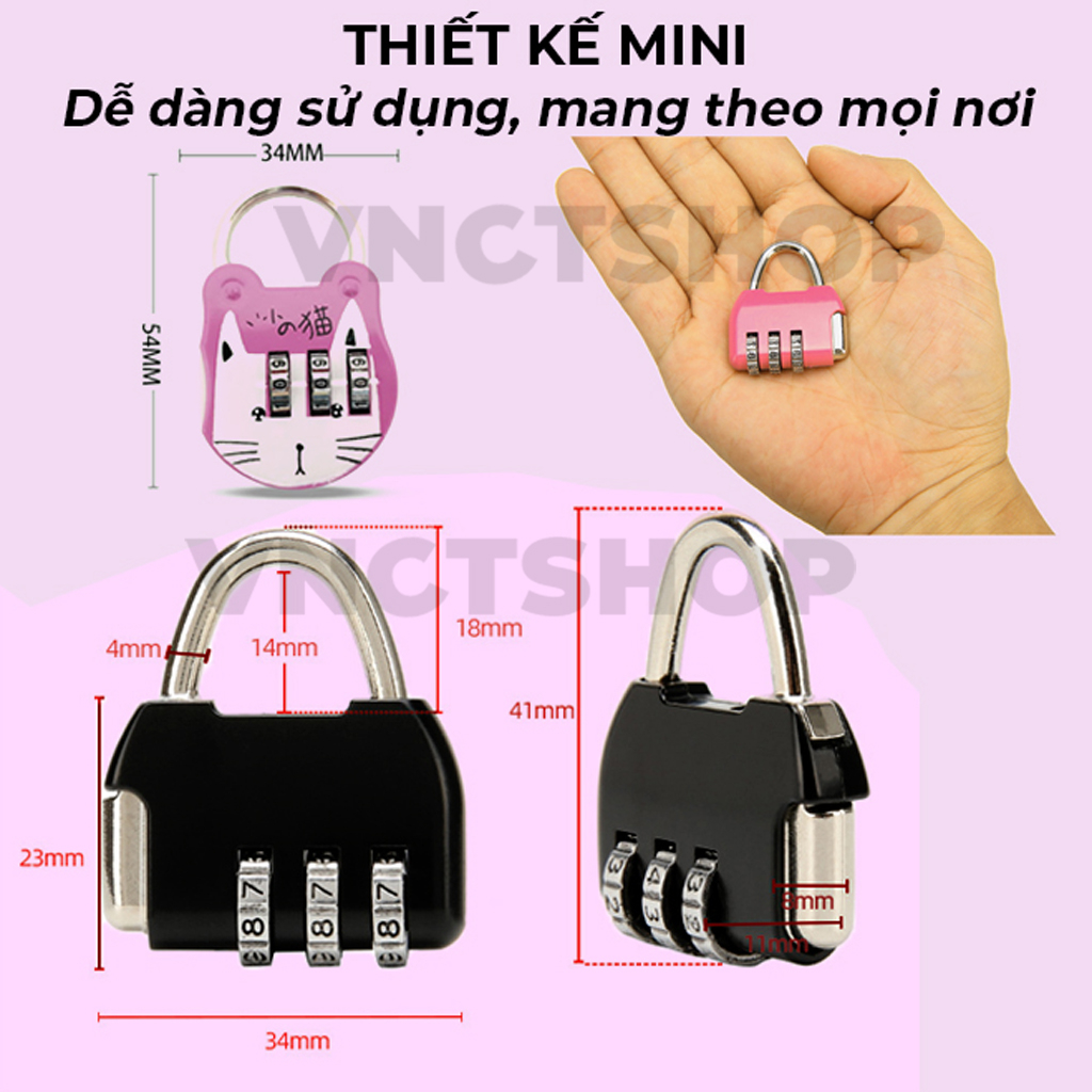 Ổ khóa mini vnctshop , khóa vali mật khẩu mã số cho balo hình túi xách nhỏ cute đi du lịch