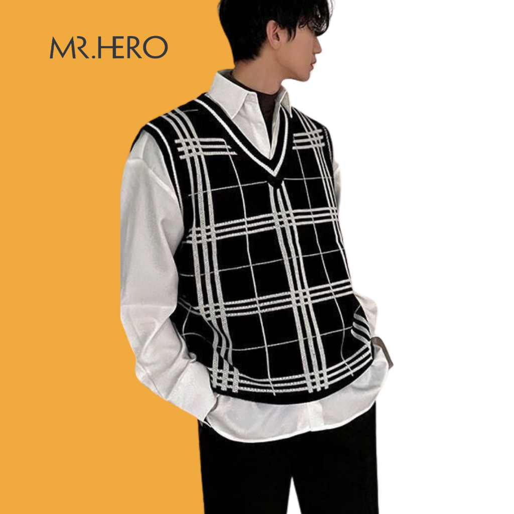 Áo len gile nam form rộng sweater caro không tay cổ tim GL02 M.RO màu đen trắng phong cách Hàn Quốc