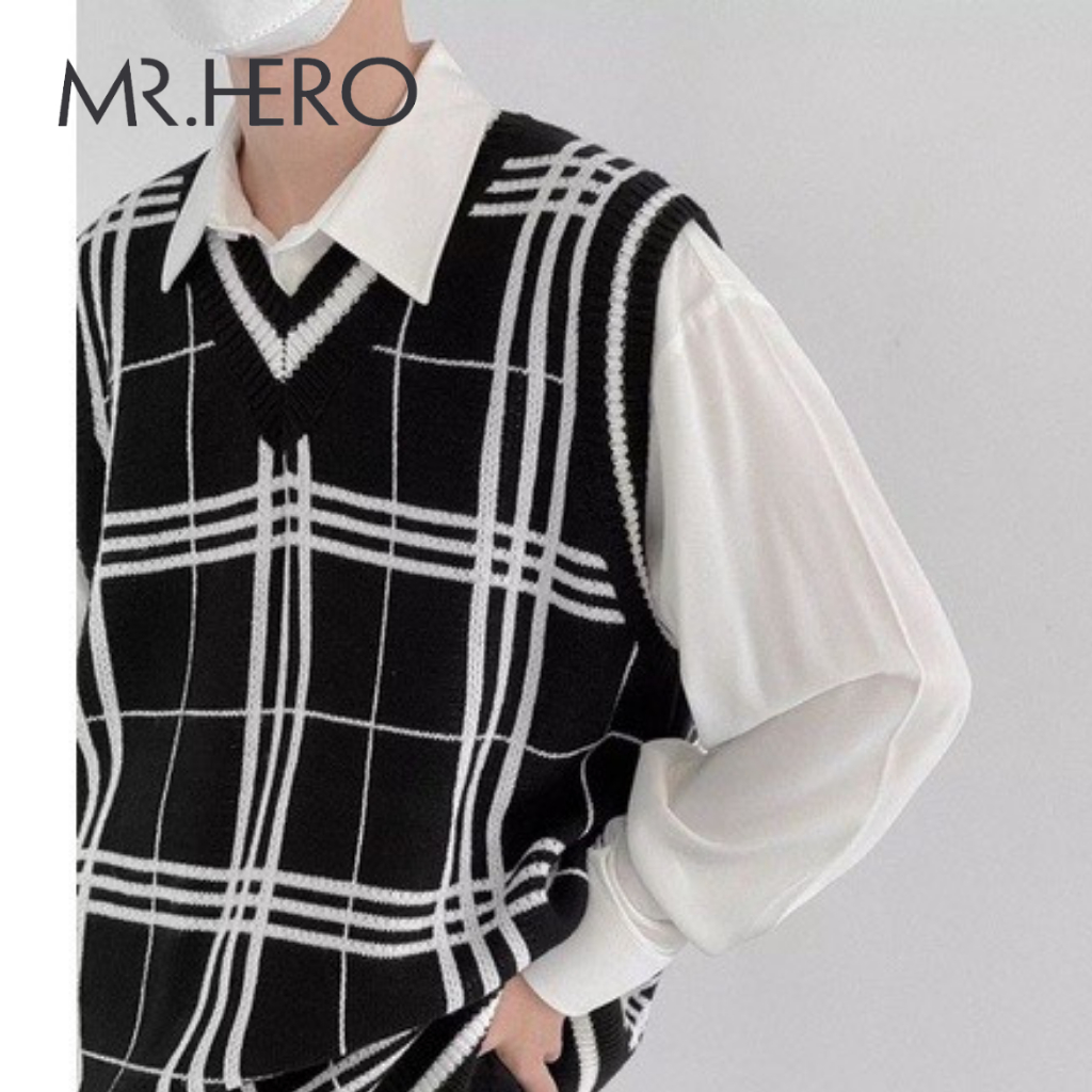 Áo len gile nam form rộng sweater caro không tay cổ tim GL02 M.RO màu đen trắng phong cách Hàn Quốc