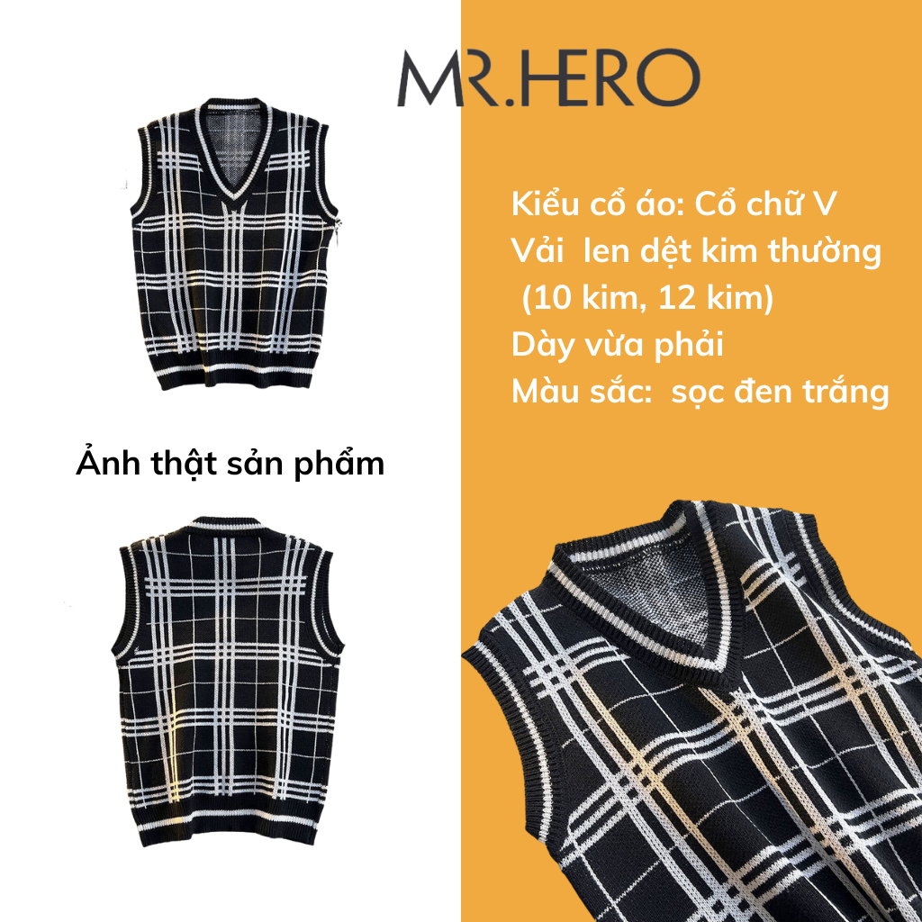 Áo len gile nam form rộng sweater caro không tay cổ tim GL02 M.RO màu đen trắng phong cách Hàn Quốc