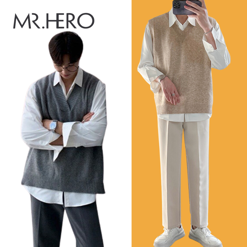 Áo len gile sweater unisex cổ tim sát nách GL03 Mrhero phong cách Hàn Quốc M.RO màu xám đen vàng be