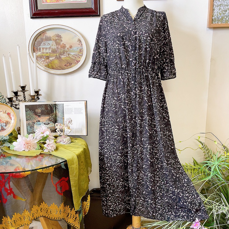 Đầm midi đen hoa nhí Nhật