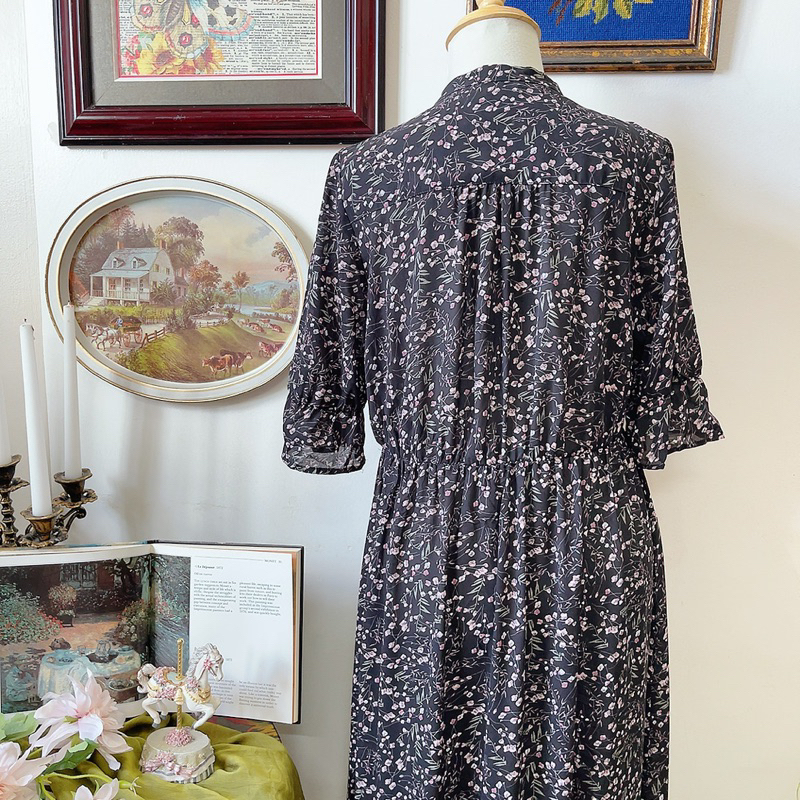 Đầm midi đen hoa nhí Nhật