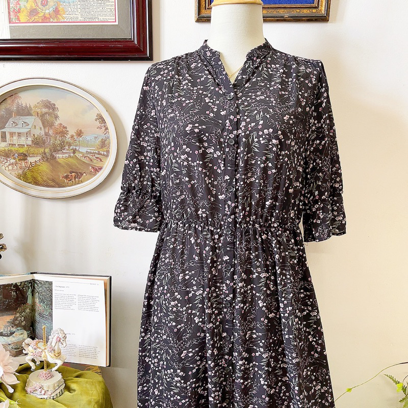 Đầm midi đen hoa nhí Nhật