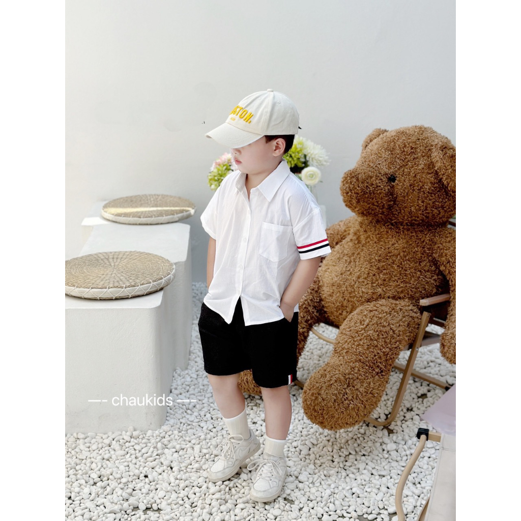 Aó sơ mi bé trai, set bộ áo sơ mi đũi trắng ông tay phối viền kèm quần giả bò mềm mai cho bé