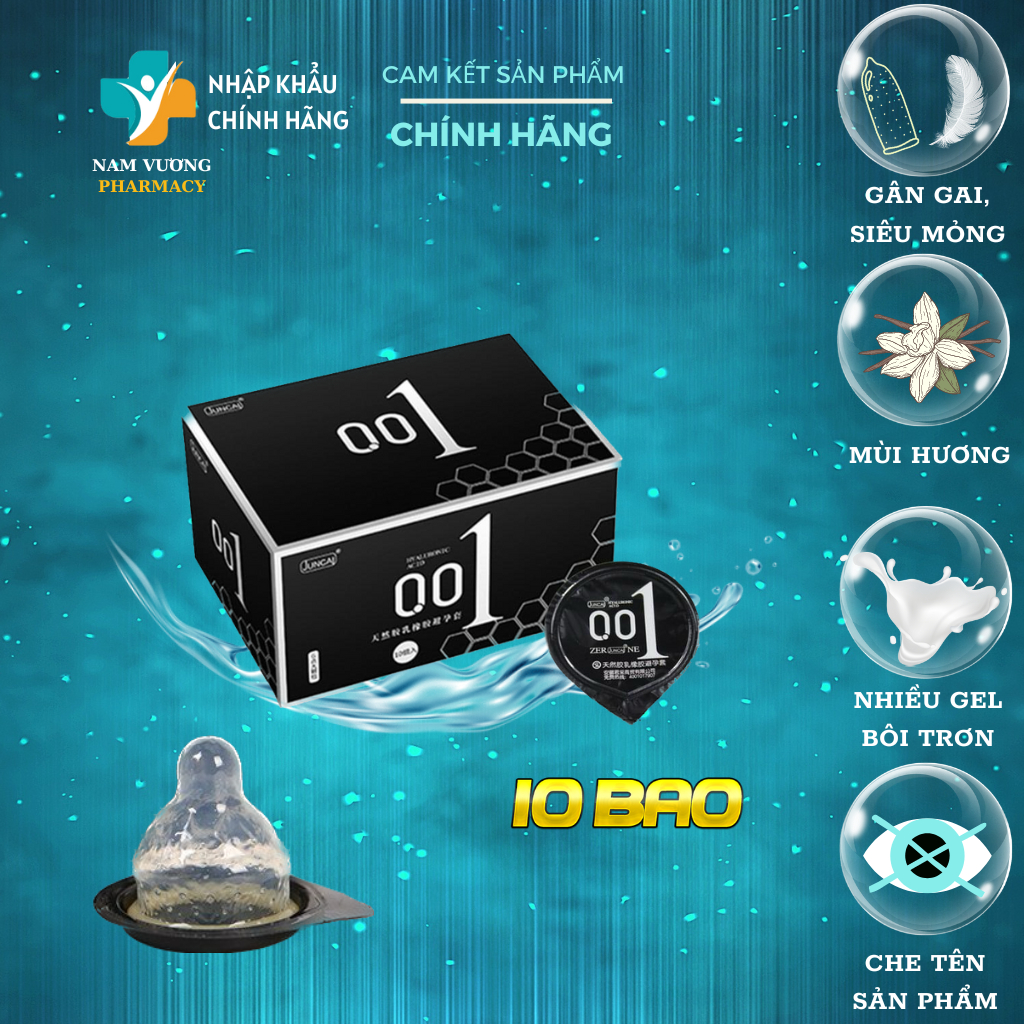 Bao cao su Juncai 001 Spot Particle Siêu mỏng Nhiều Gel bôi trơn Gai nhỏ Kéo dài thời gian Hộp 10 bao Nam Vương Pharmacy